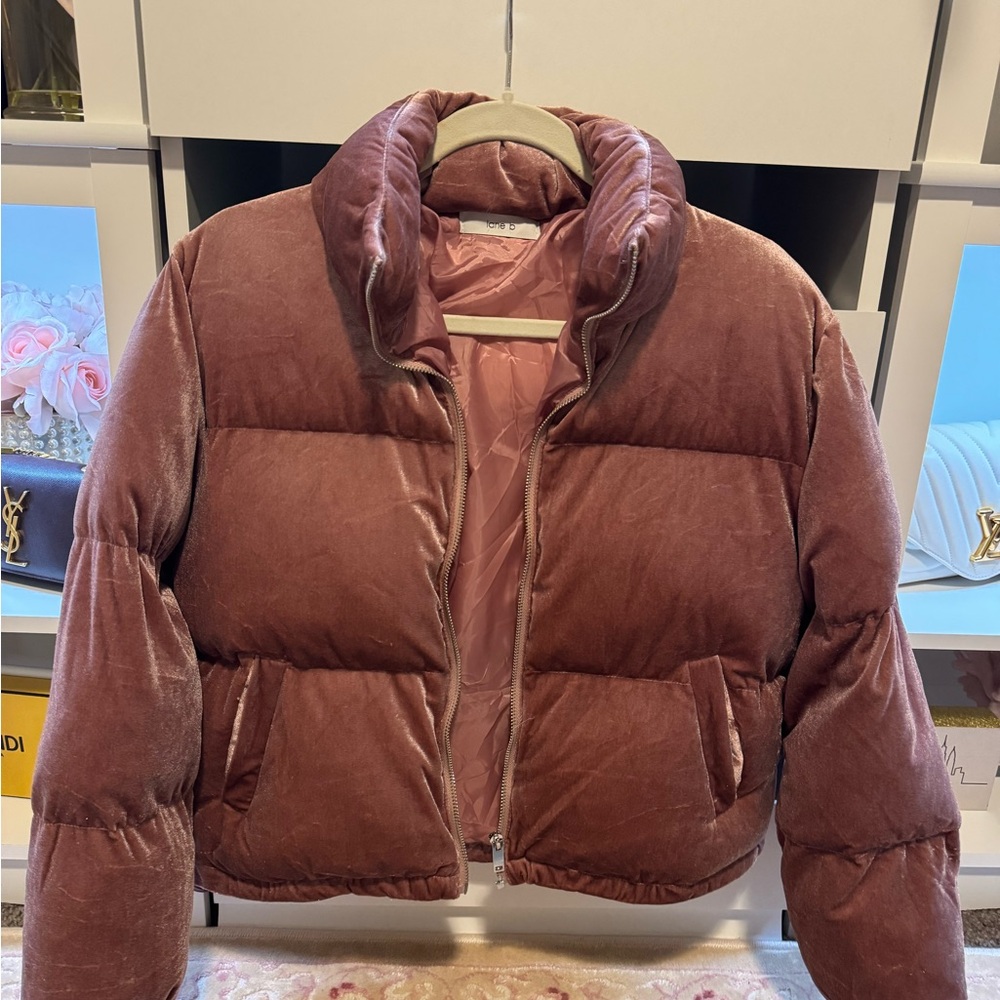 Velvet Puffer Jacket in rose pink with tags